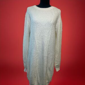 Solid Round Crew Neck Ivory Long Sleeve Sweater Dress. Elegant Winter Dress.